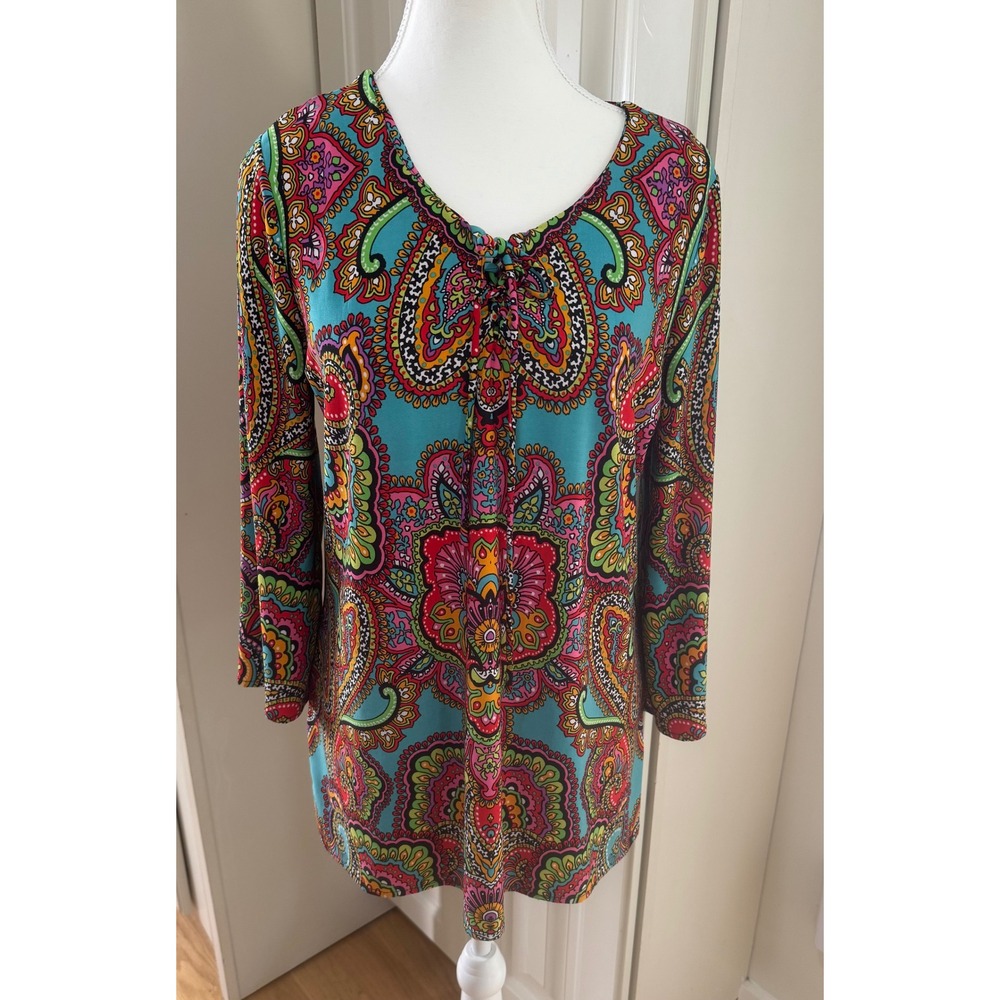 Chico's Paisley Print 3/4 Sleeve Top Blouse Colorful Size 1